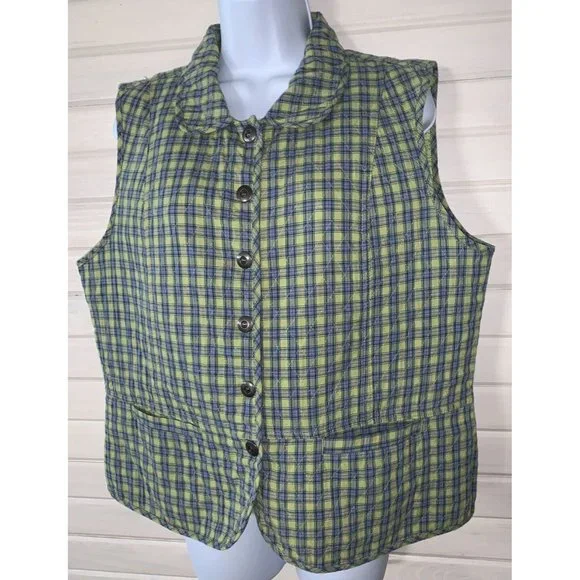 Christopher & Banks Sz LARGE Vest Cotton Green Plaid Button Front Quilted EUC - Picture 2 of 9